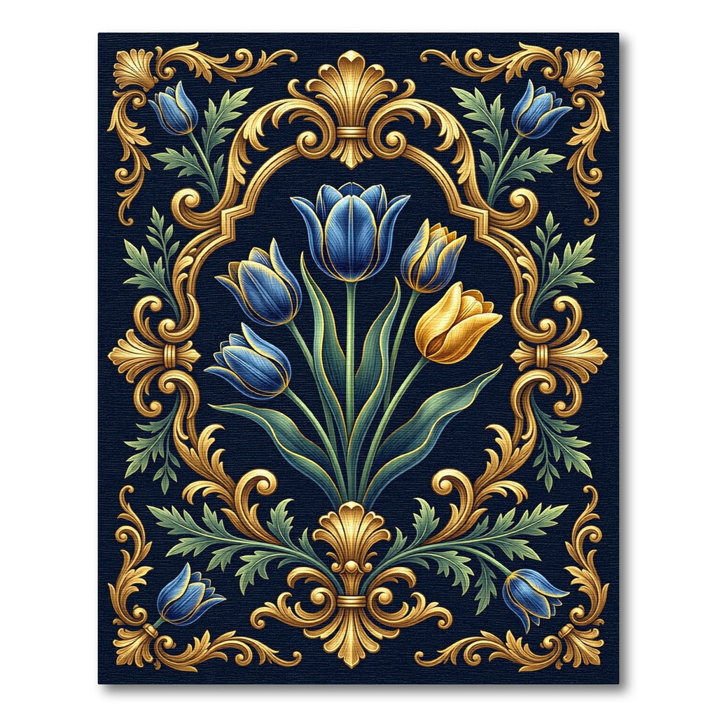 Ornate Gold and Blue Tulip Filigree Rug