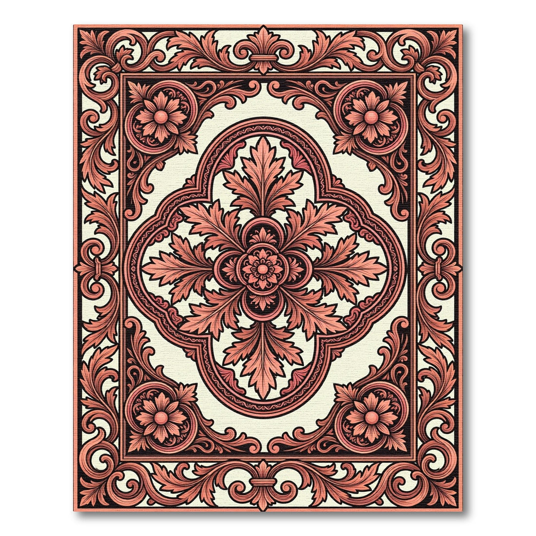 Ornate Coral Acanthus Scroll Panel Rug