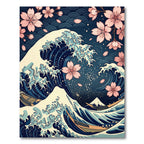 Japanese Wave with Pink Cherry Blossoms Rug