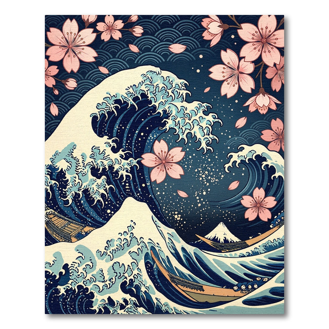 Japanese Wave with Pink Cherry Blossoms Rug