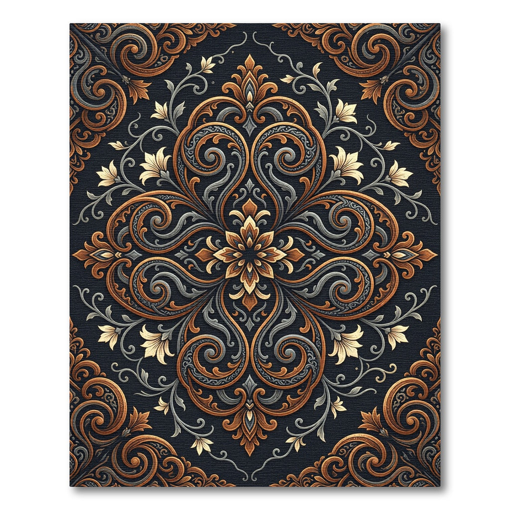 Ornate Gold Gray Floral Damask Scroll Rug