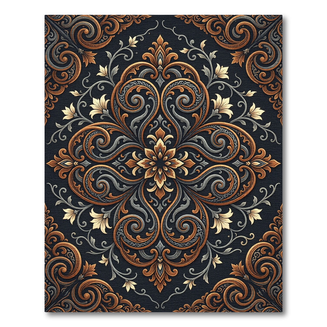 Ornate Gold Gray Floral Damask Scroll Rug