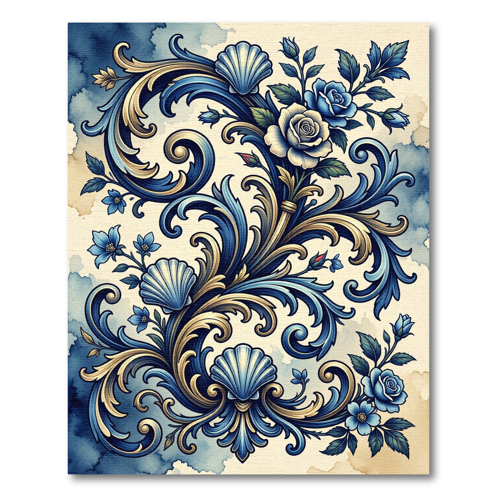 Intricate Blue Floral Shell Scrollwork Rug