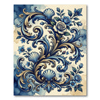 Intricate Blue Floral Shell Scrollwork Rug