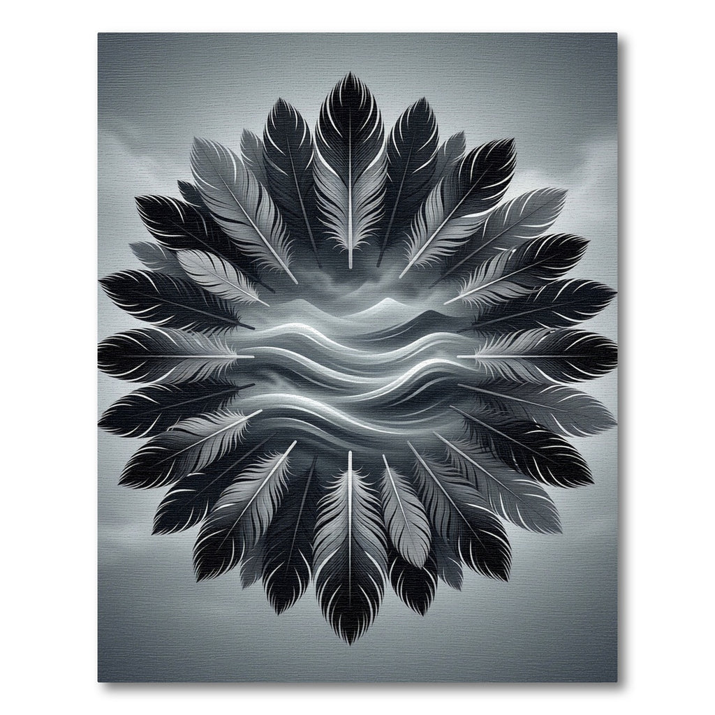 Monochrome Feather Mandala With Waves Rug