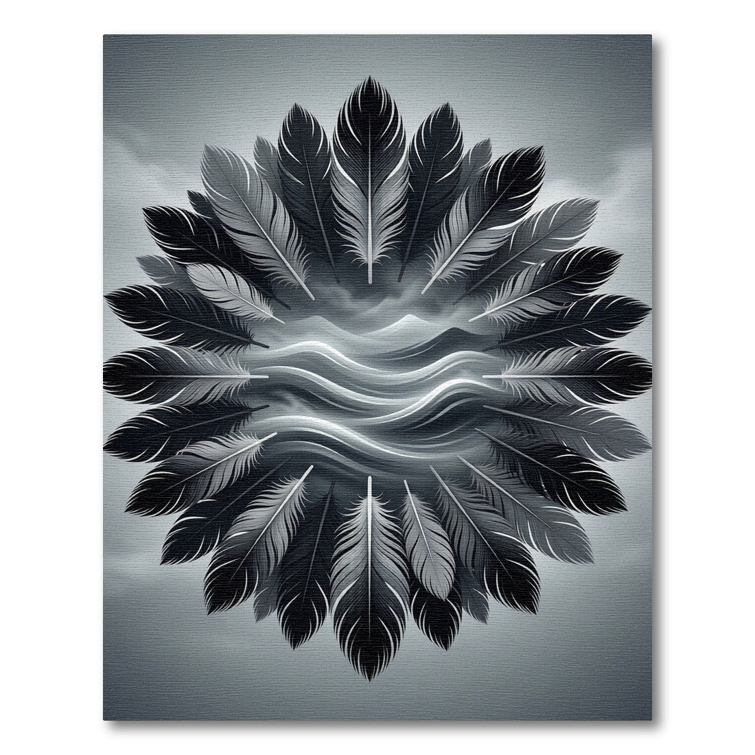 Monochrome Feather Mandala With Waves Rug