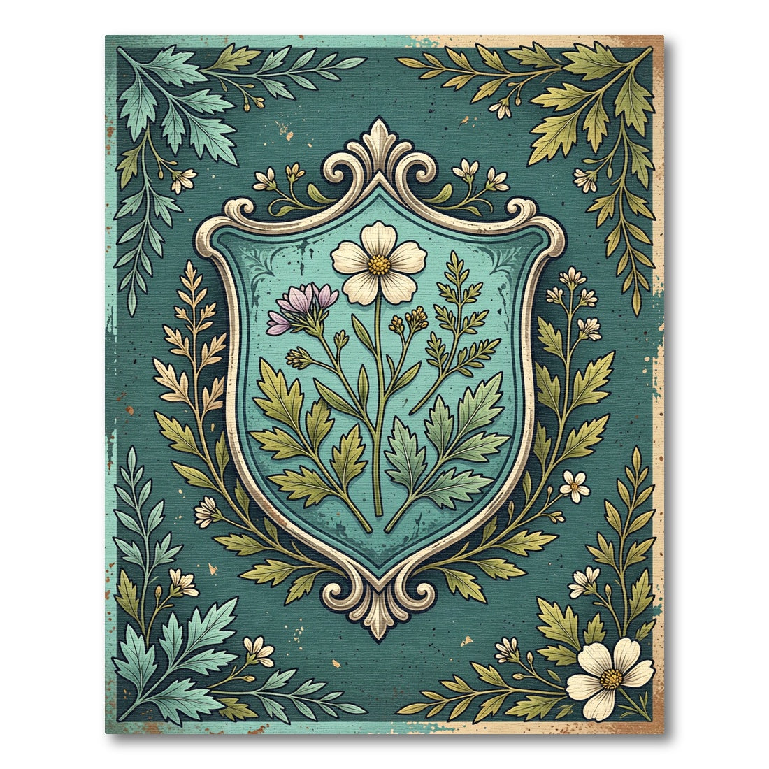 Botanical Floral Crest in Dusty Teal Rug