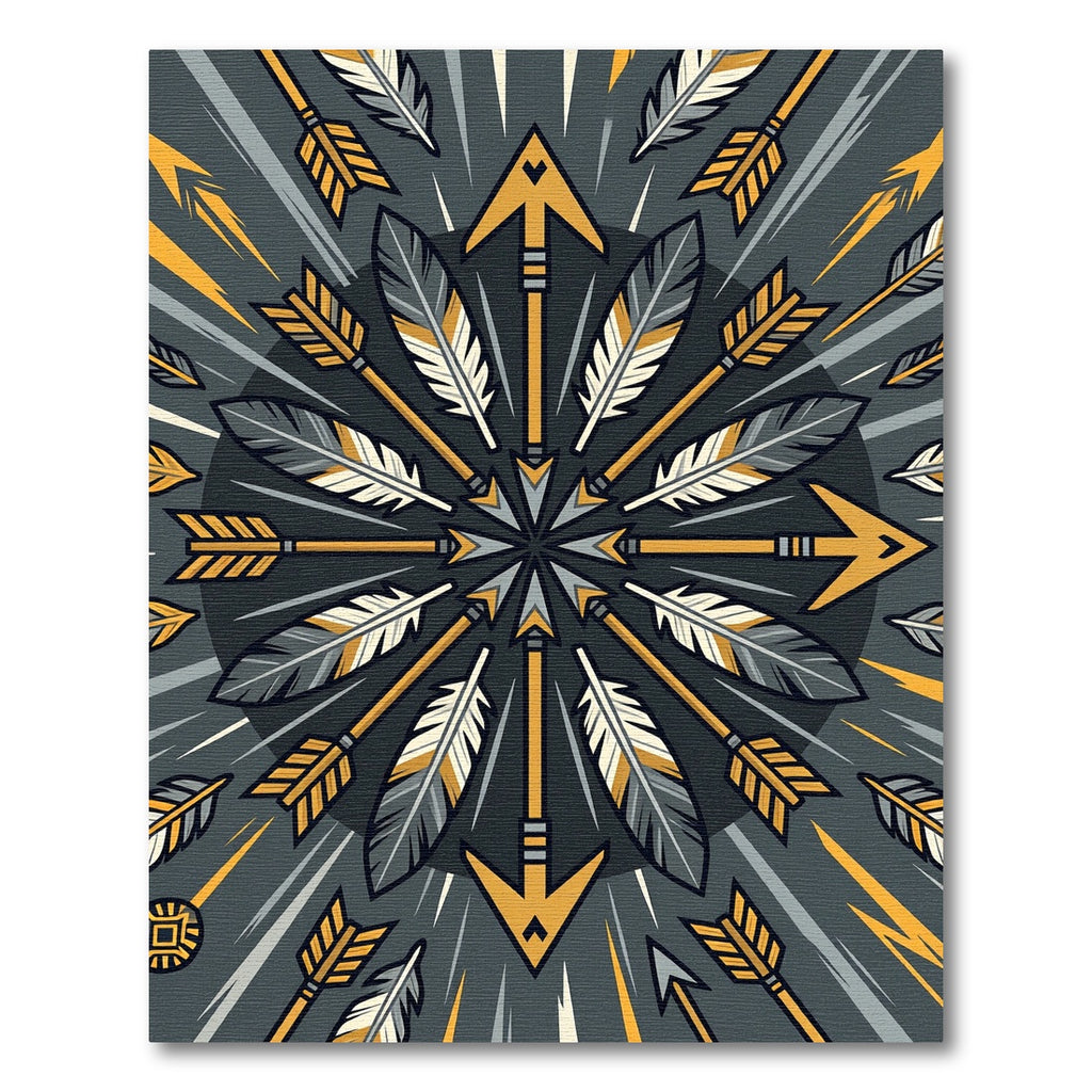 Geometric Arrow Feather Gold Gray Medallion Rug