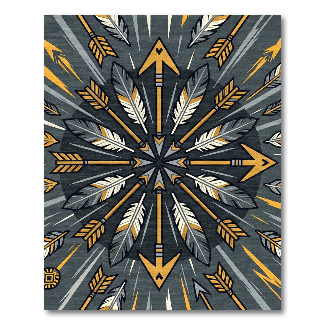 Geometric Arrow Feather Gold Gray Medallion Rug