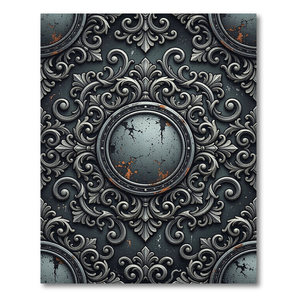 Ornate Silver Damask Circular Medallion Rug