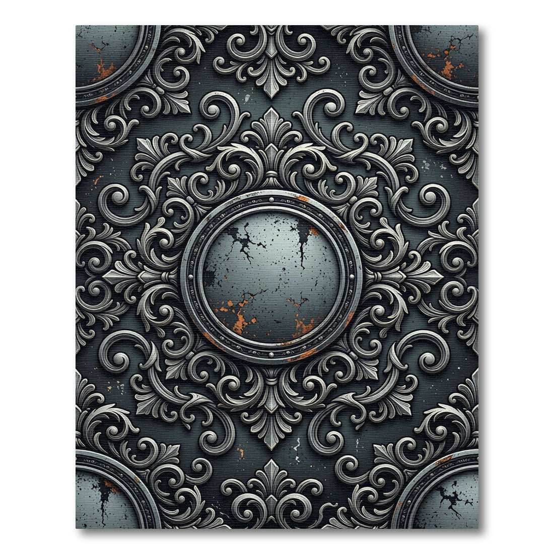 Ornate Silver Damask Circular Medallion Rug
