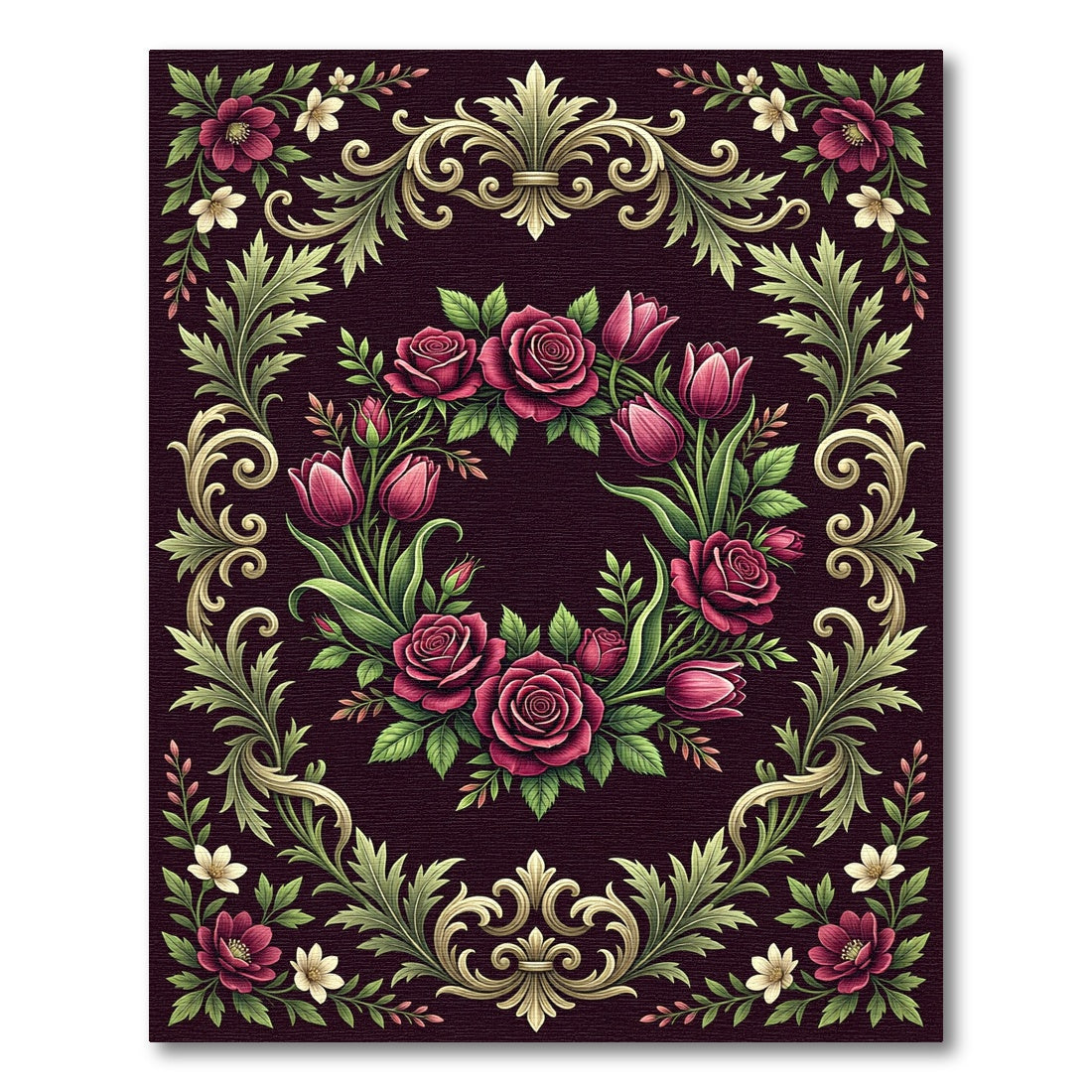 Deep Burgundy Rose and Tulip Floral Rug