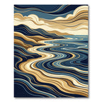 Abstract Blue Gold Wavy Coastal Landscape Rug