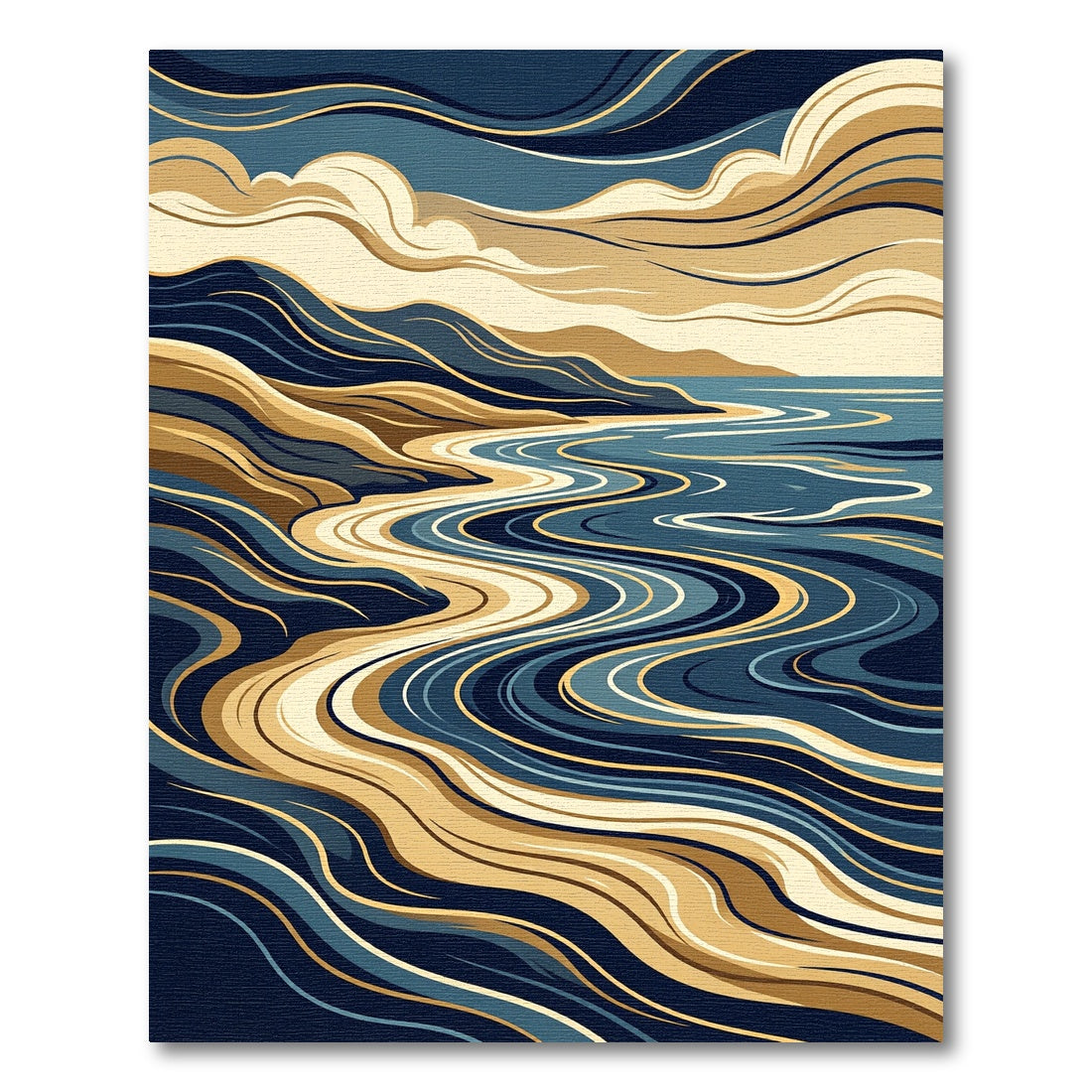 Abstract Blue Gold Wavy Coastal Landscape Rug
