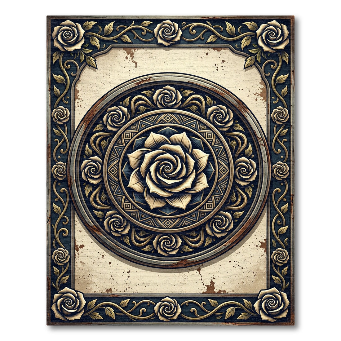 Vintage Gold Ornate Rose Medallion Rug
