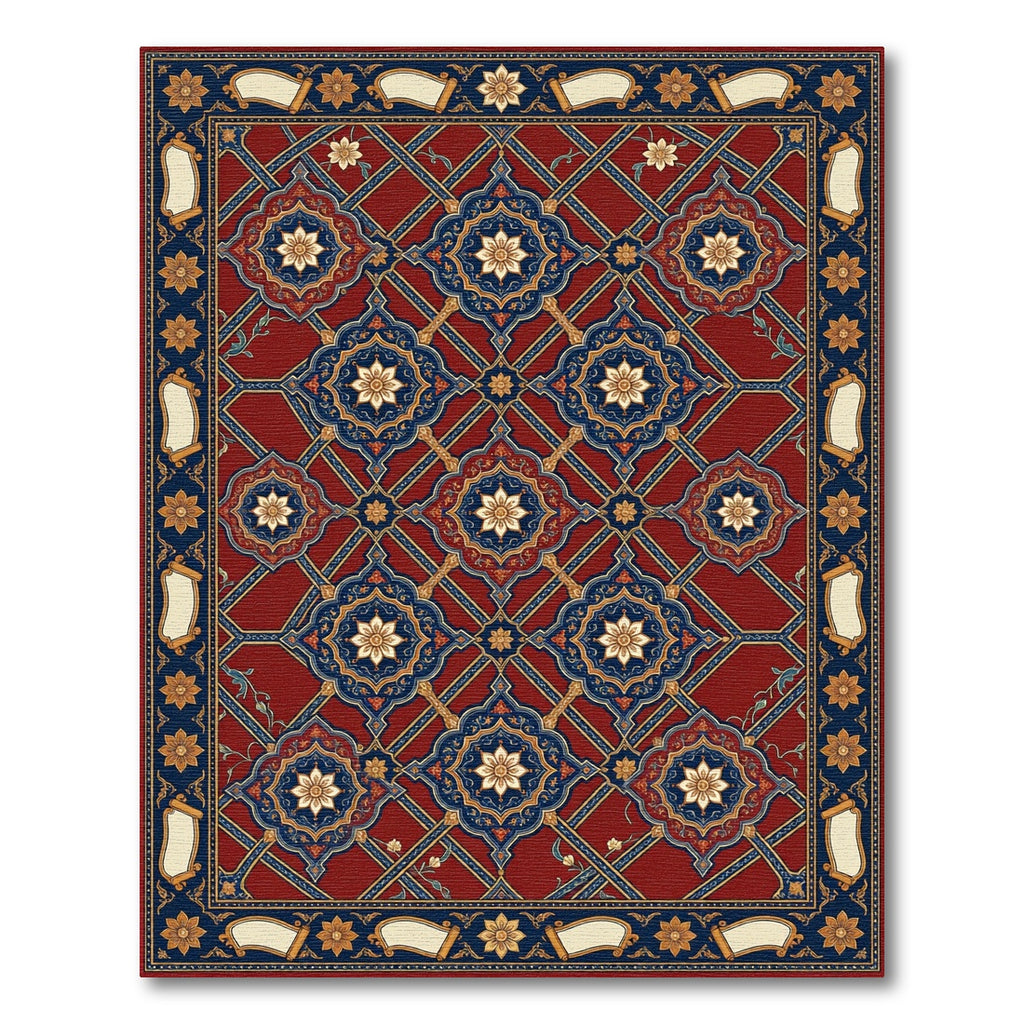 Crimson Blue Golden Arabesque Medallions Rug