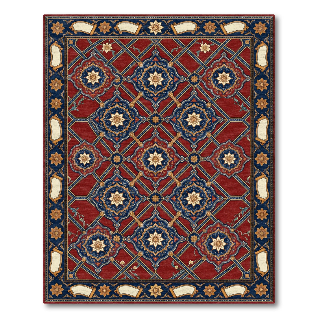 Crimson Blue Golden Arabesque Medallions Rug