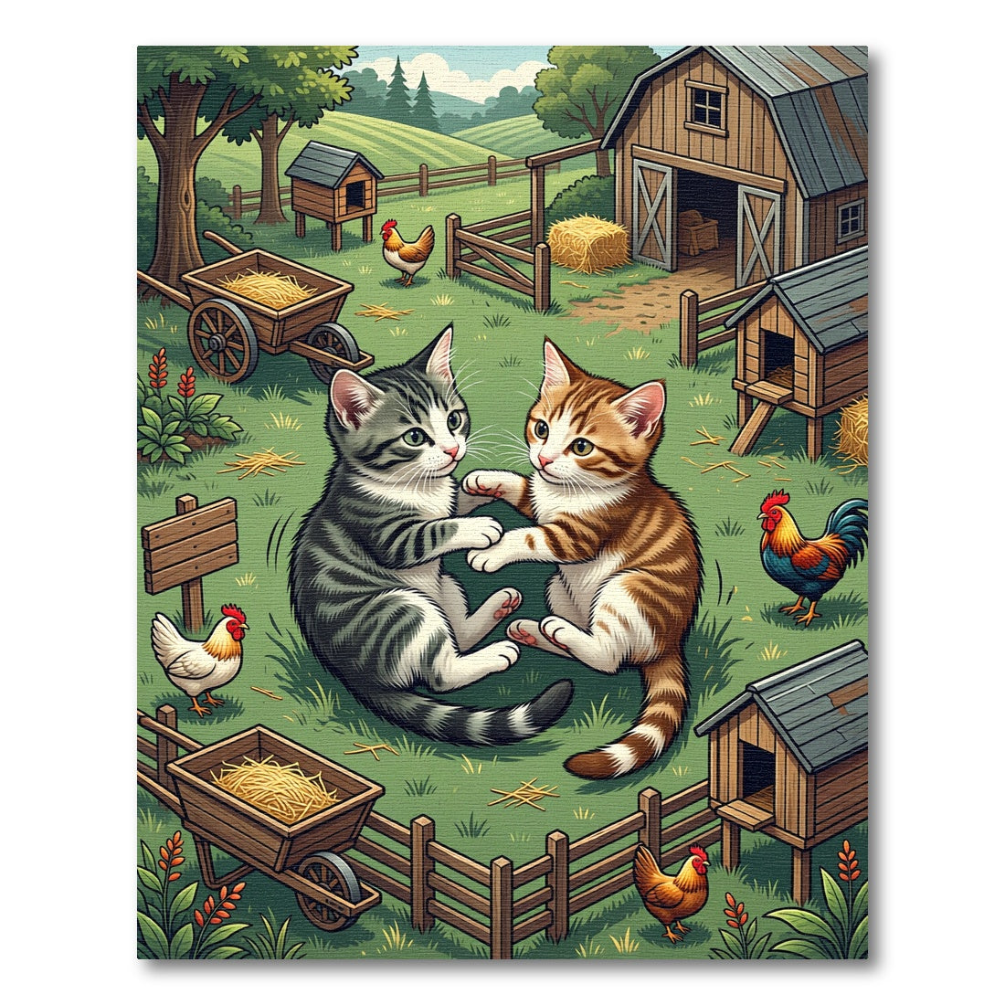 Playful Kittens in Rustic Farm Scene Rug