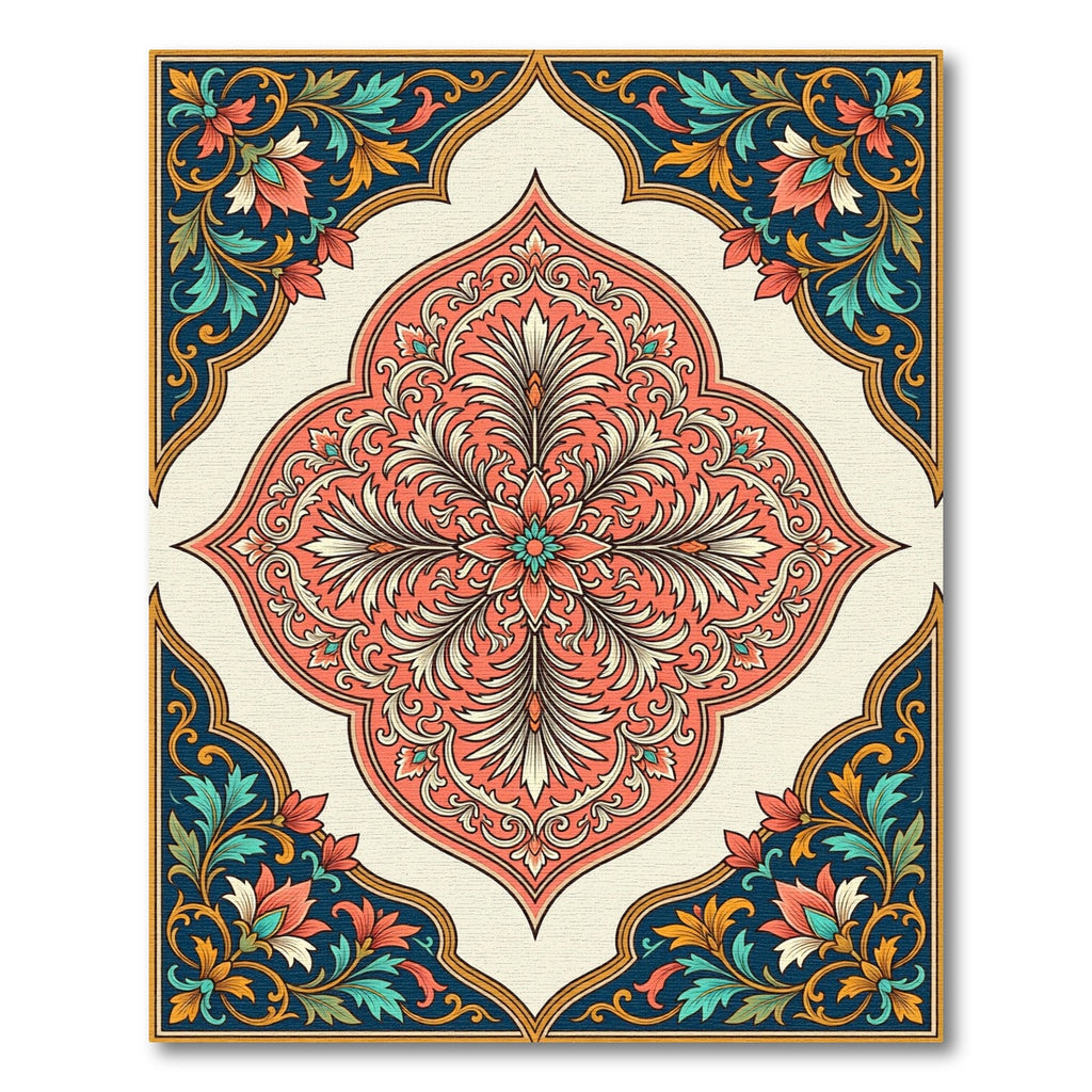Coral Navy Floral Medallion Frame Rug