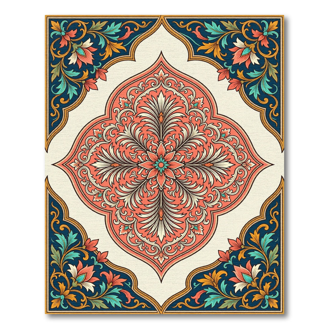 Coral Navy Floral Medallion Frame Rug