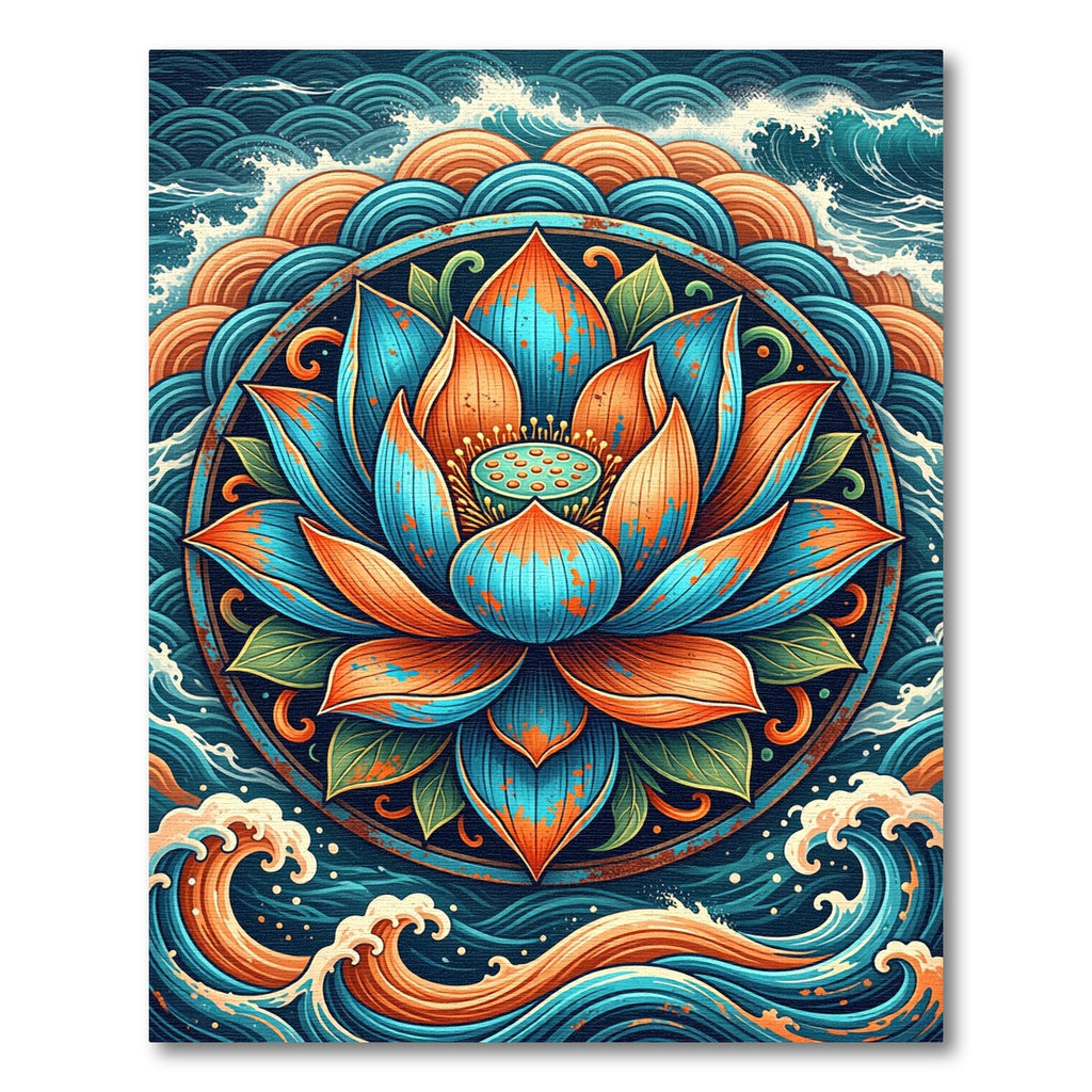 Vibrant Teal and Orange Lotus Mandala Rug
