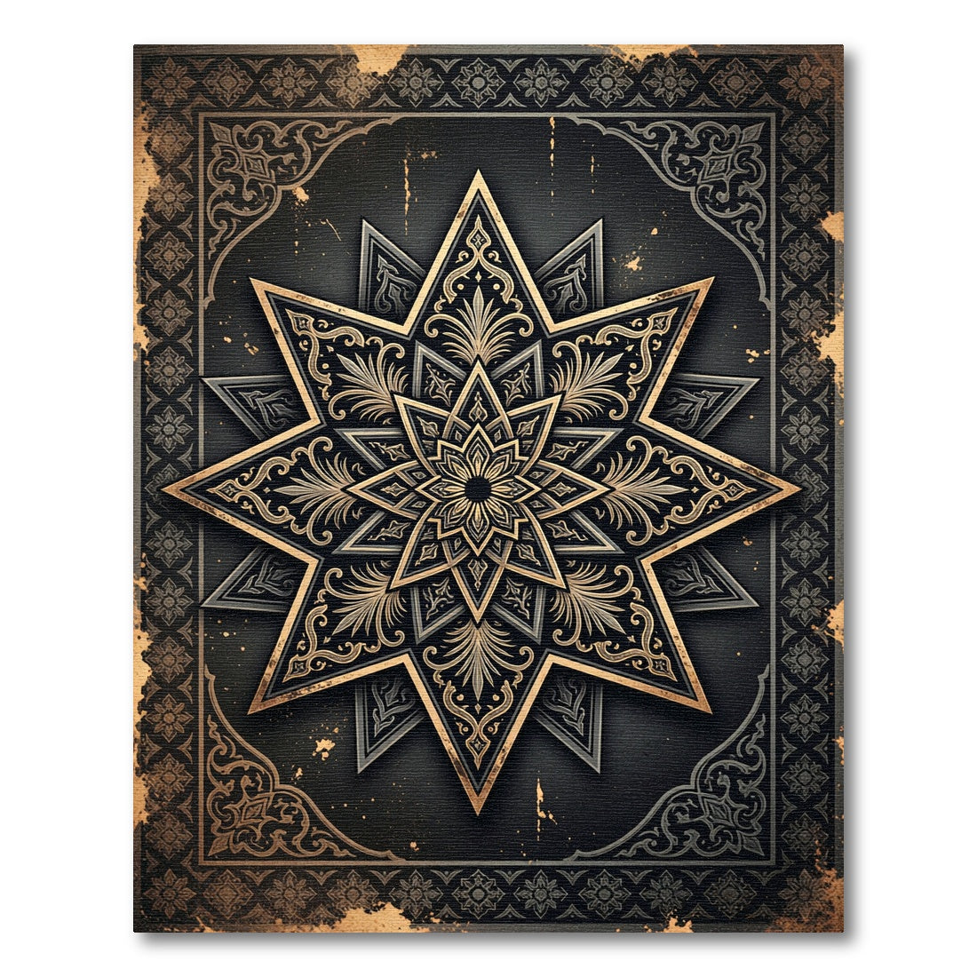 Ornate Black and Gold Star Medallion Rug