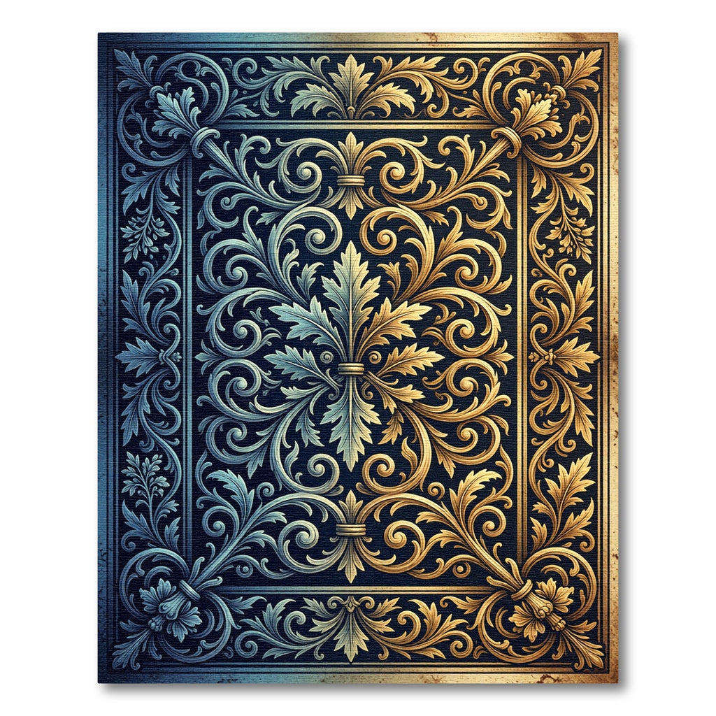 Golden and Azure Ornate Baroque Scroll Rug