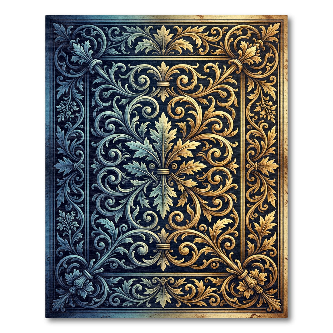 Golden and Azure Ornate Baroque Scroll Rug