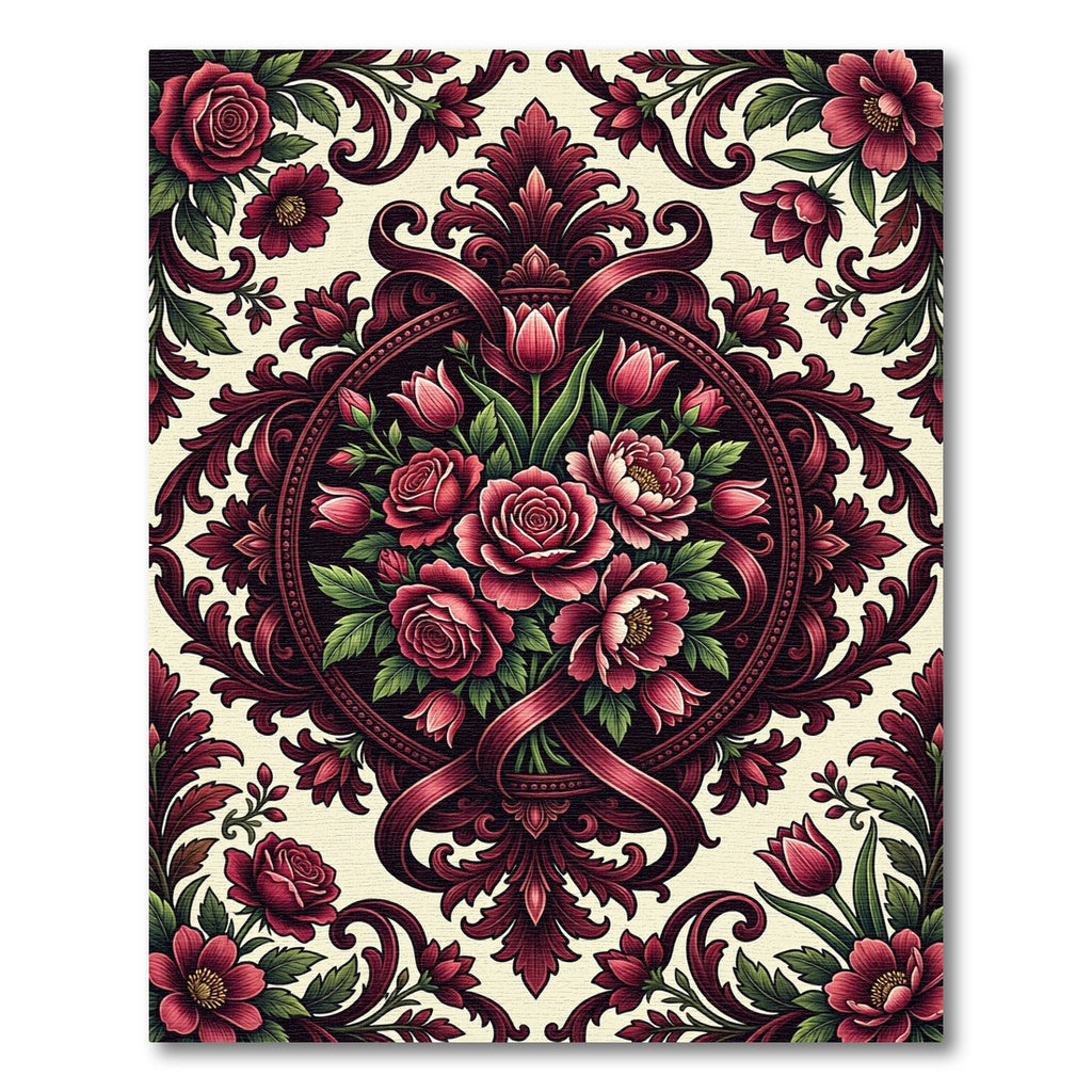 Elegant Burgundy Rose Floral Medallion Rug