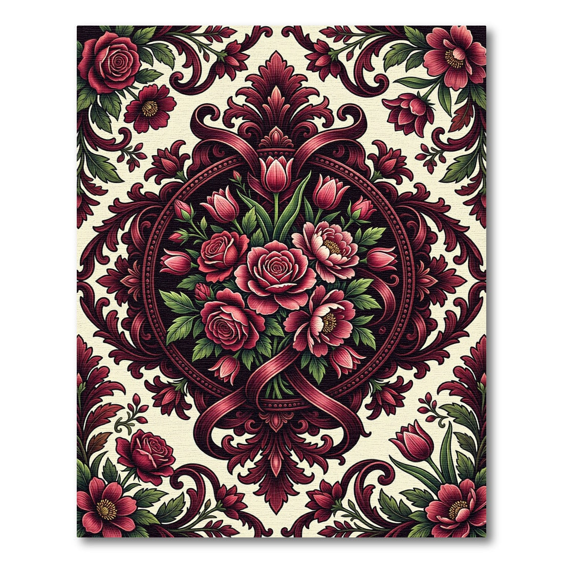Elegant Burgundy Rose Floral Medallion Rug