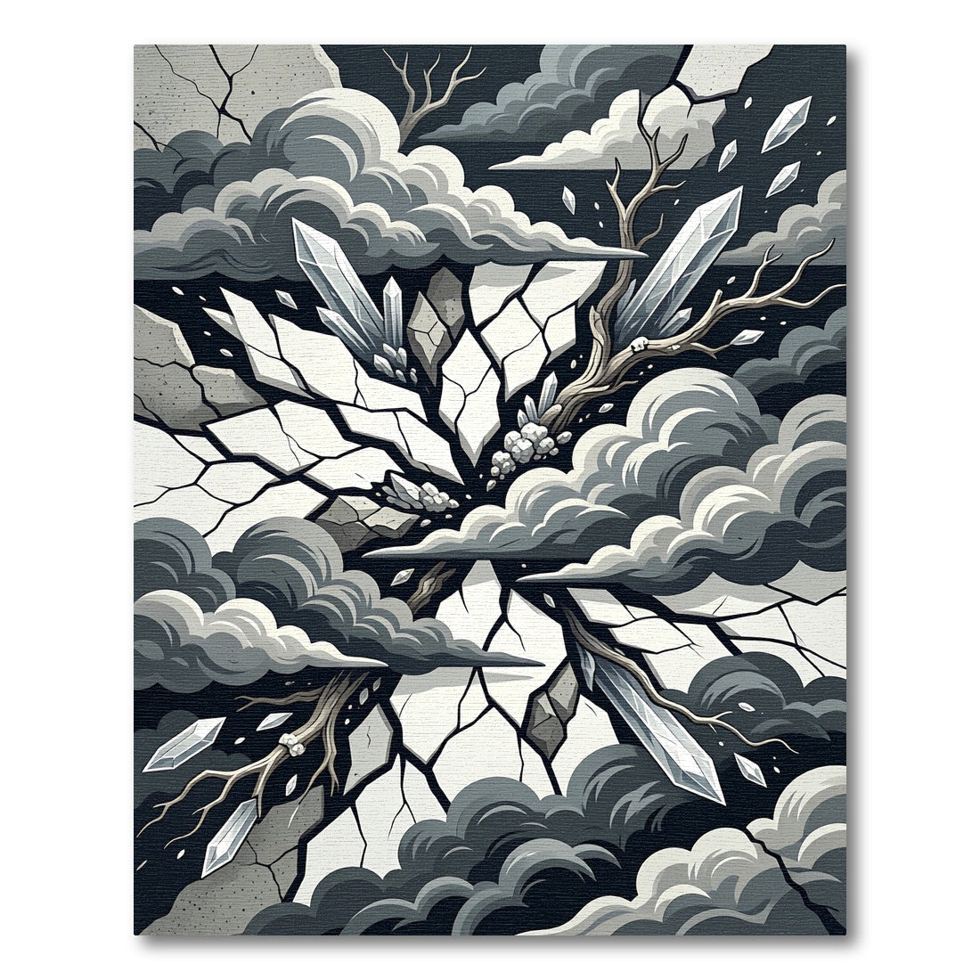 Monochrome Shattered Crystal Abstract Storm Rug