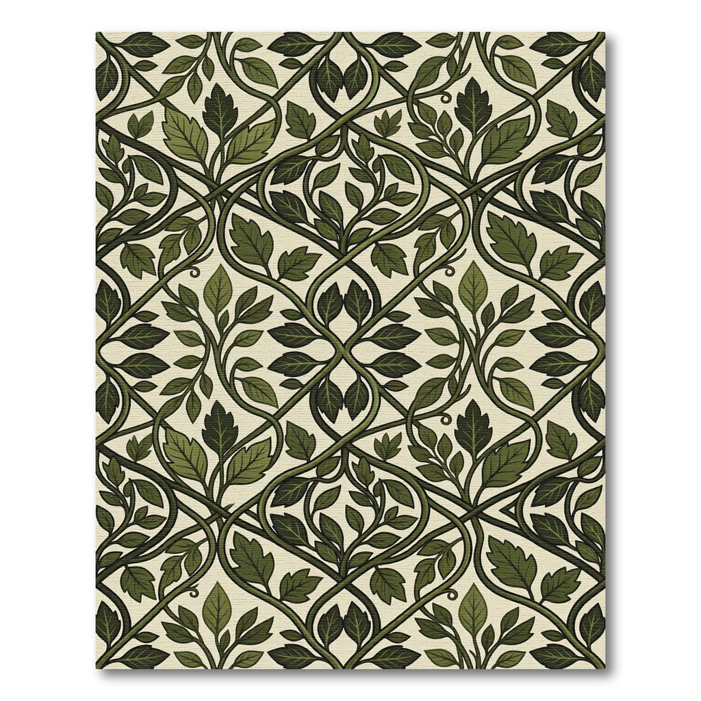 Elegant Olive Green Intertwined Leaf Vine Rug