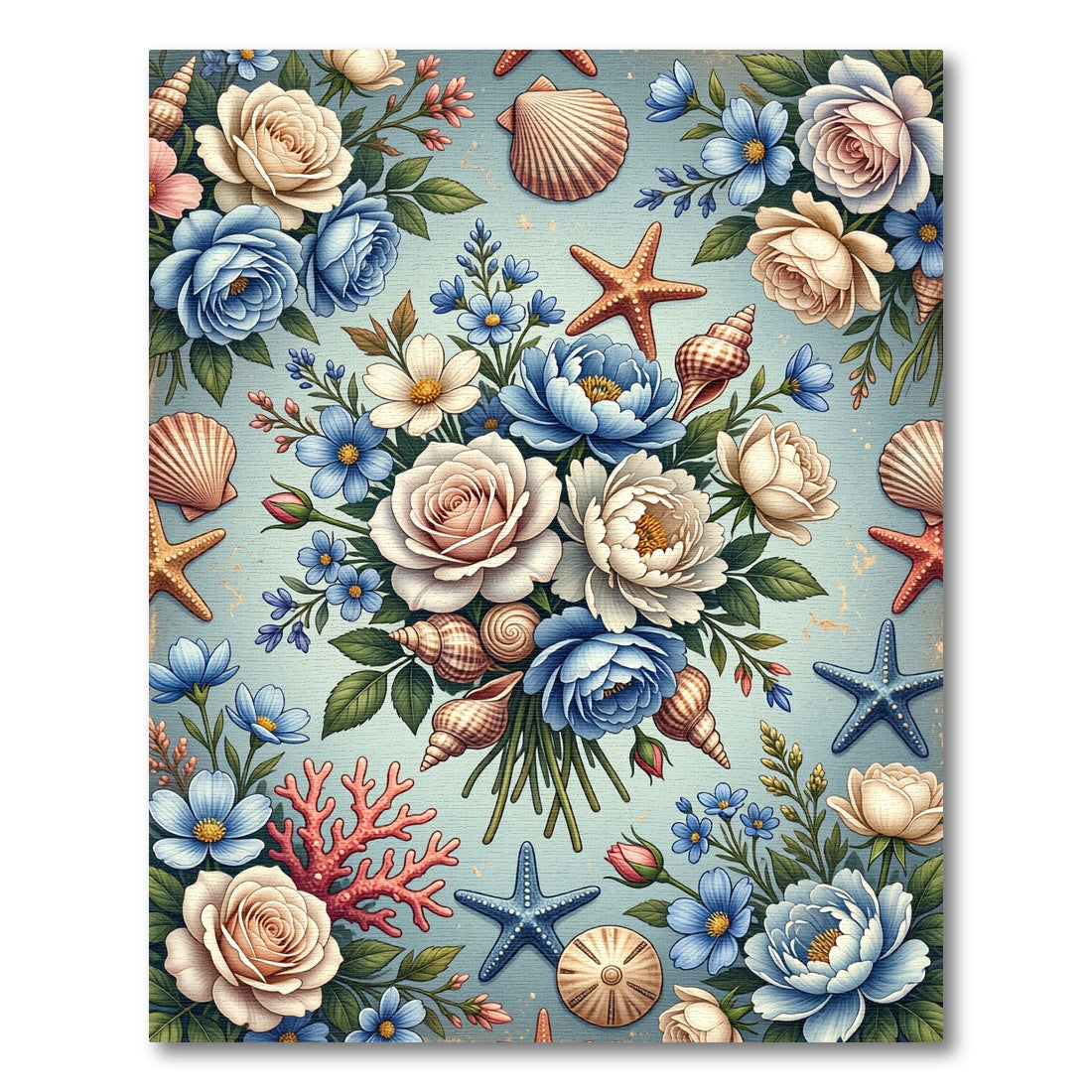 Coastal Floral Bouquet with Seashells Rug