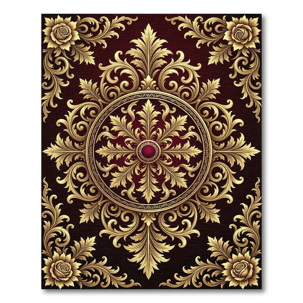Luxurious Gold Filigree Crimson Floral Medallion Rug
