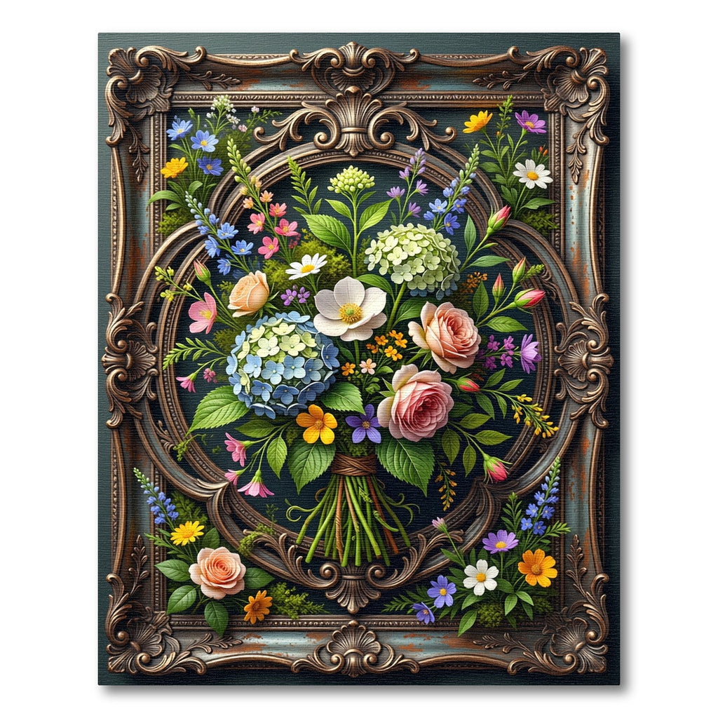 Ornate Framed Floral Bouquet Oil Painting Rug