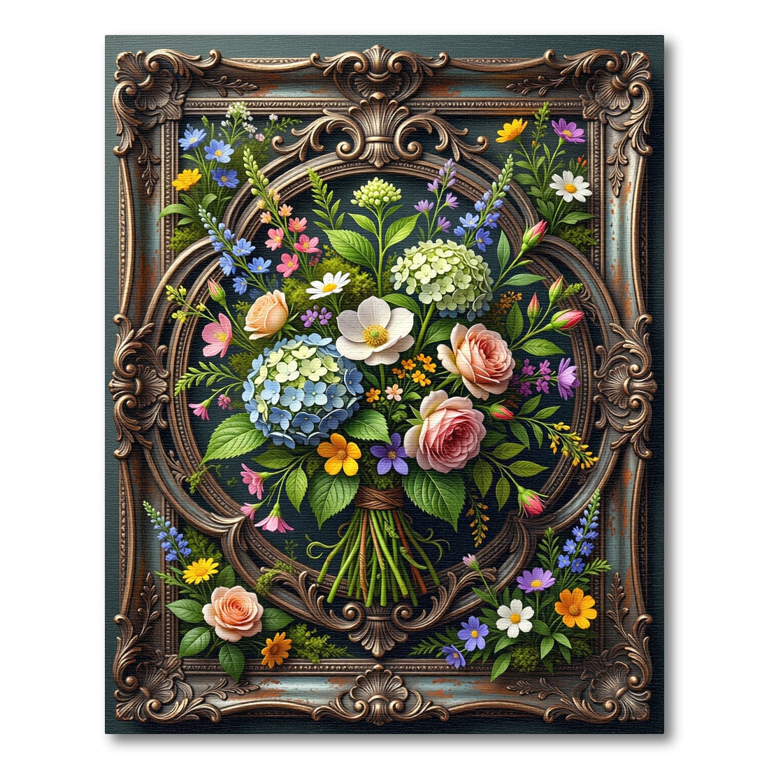 Ornate Framed Floral Bouquet Oil Painting Rug