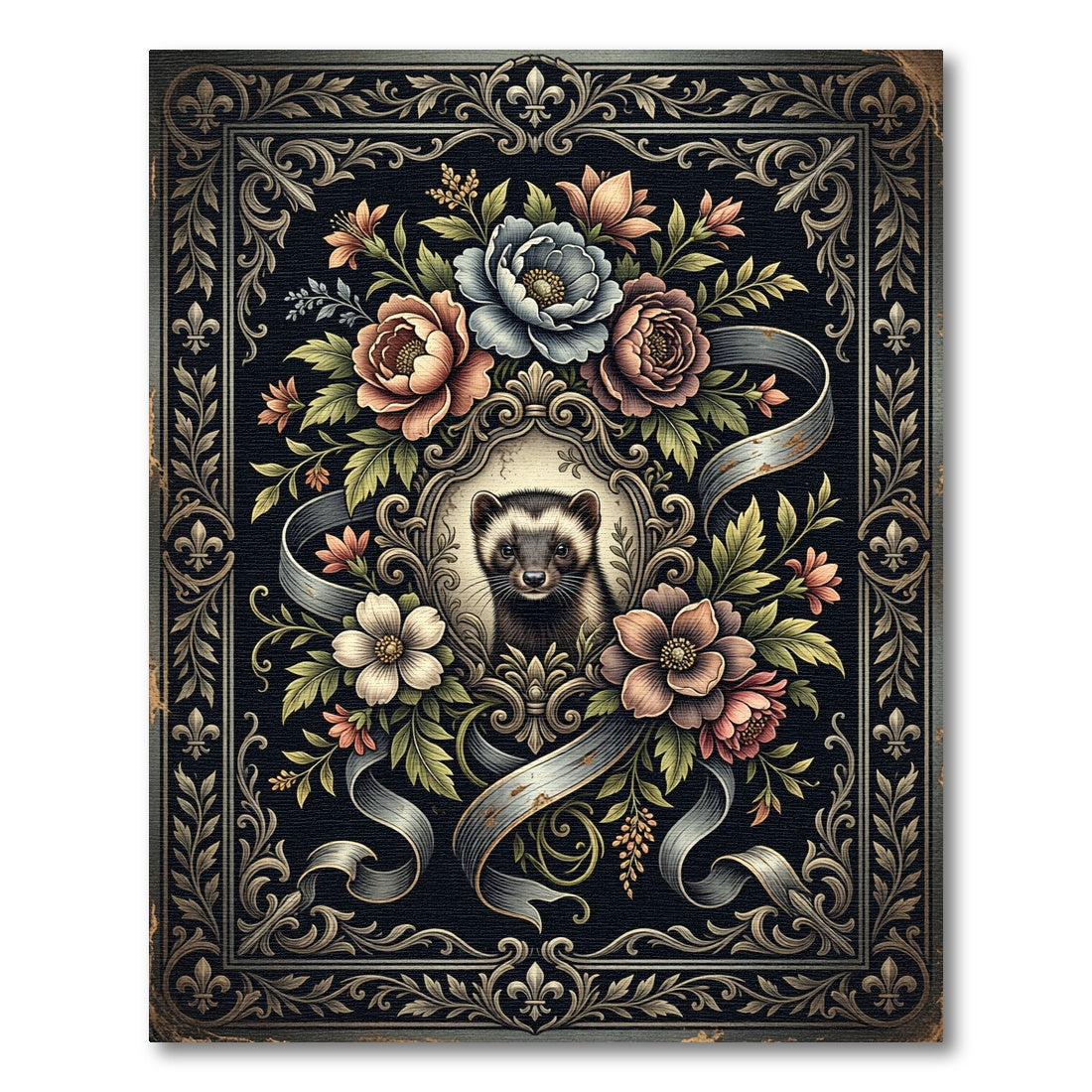 Ornate Ferret Floral Frame Illustration Rug
