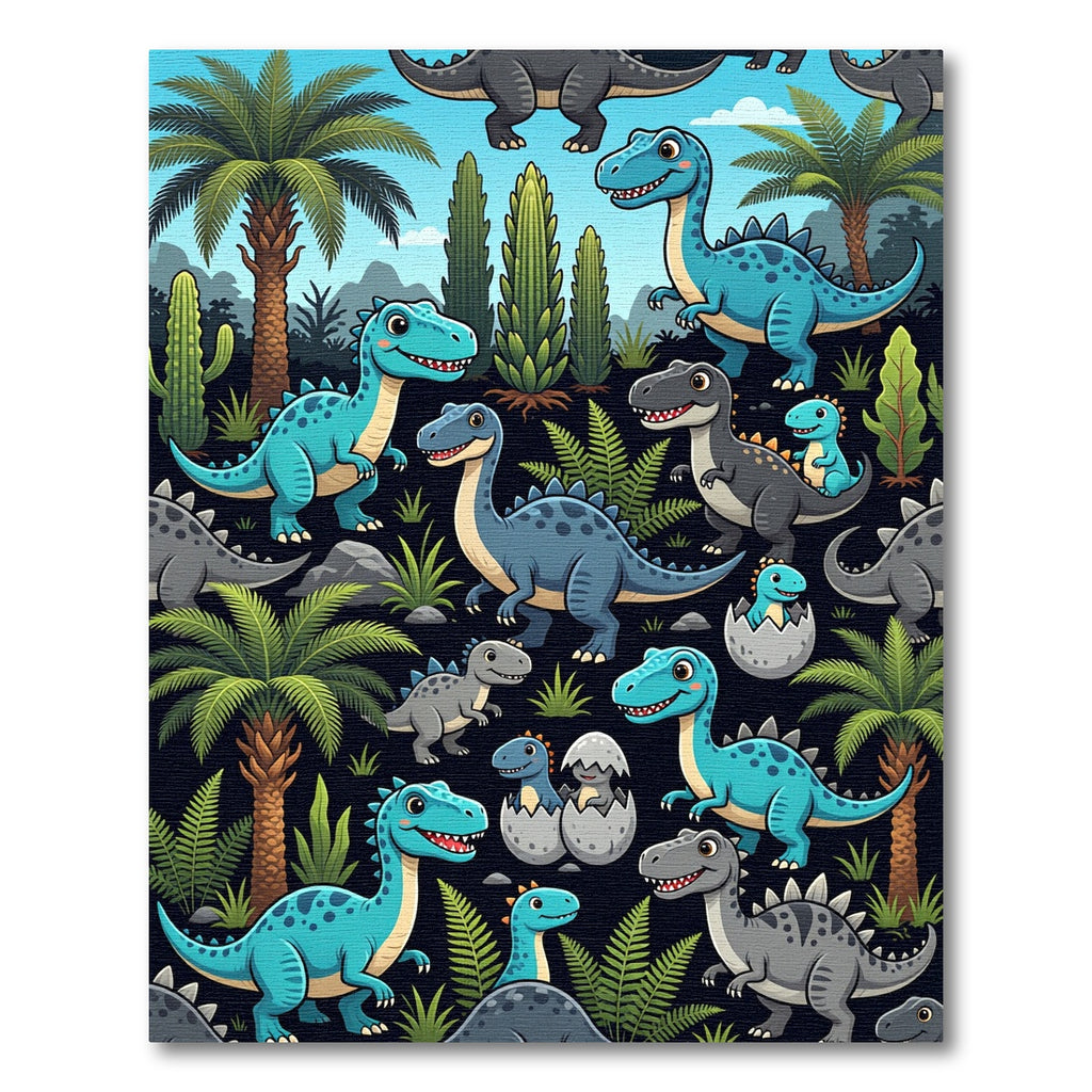 Whimsical Blue Dinosaur Jungle Landscape Rug