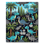 Whimsical Blue Dinosaur Jungle Landscape Rug
