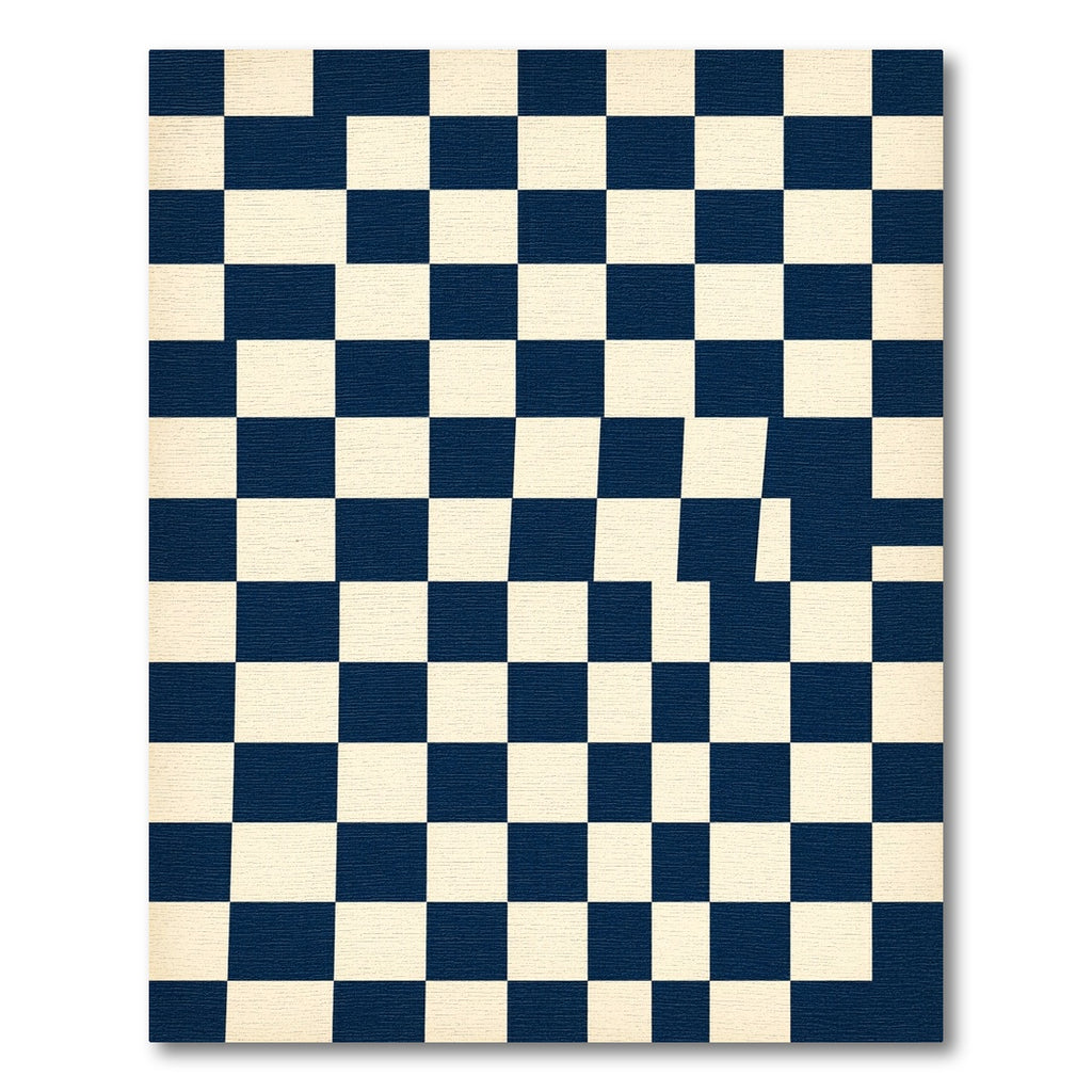 Modern Navy and Cream Distorted Checkered Rug