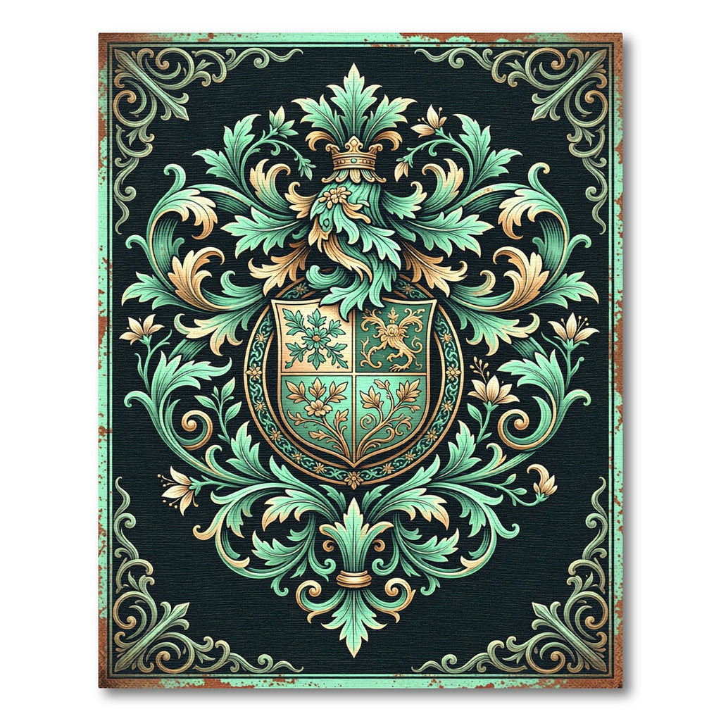 Ornate Emerald Foliage Heraldic Crest Rug