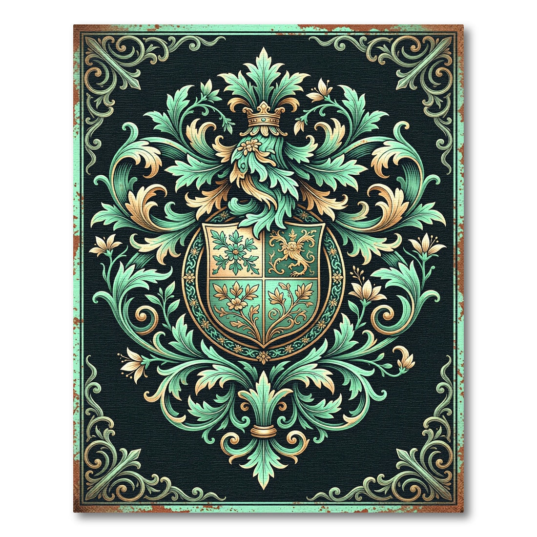 Ornate Emerald Foliage Heraldic Crest Rug