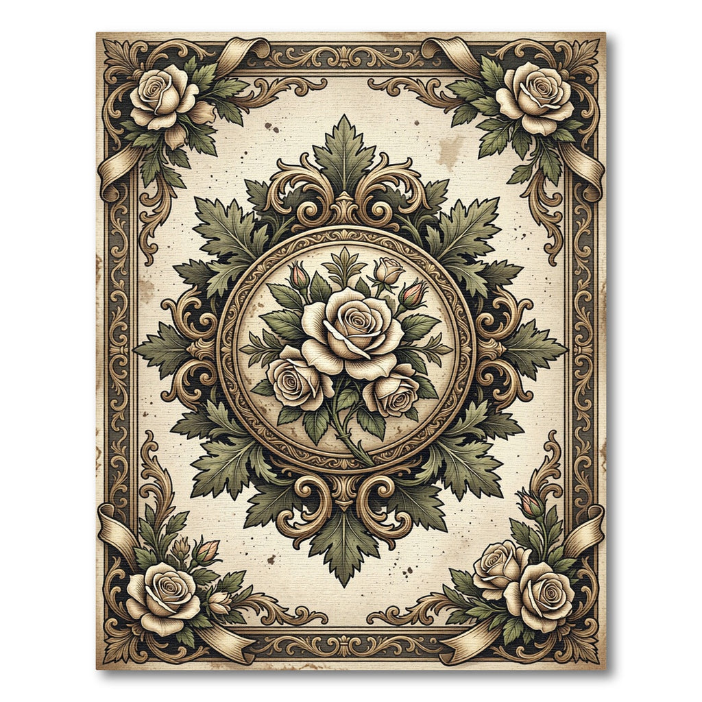 Antique Cream Rose Floral Medallion Rug