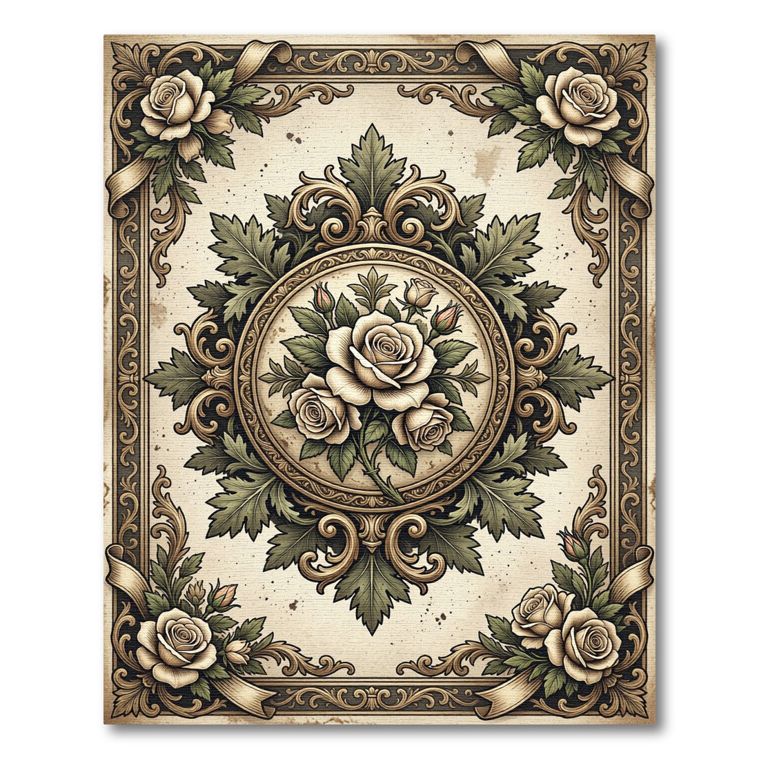 Antique Cream Rose Floral Medallion Rug