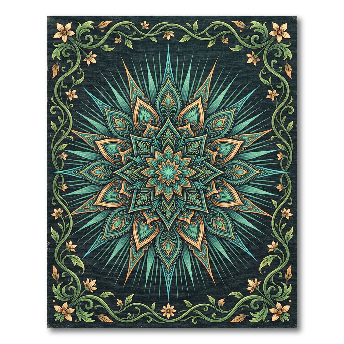 Teal and Gold Radiant Floral Mandala Rug