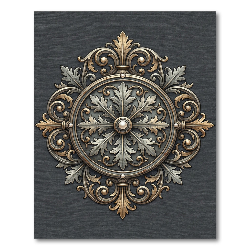 Ornate Gold and Silver Scroll Medallion Rug