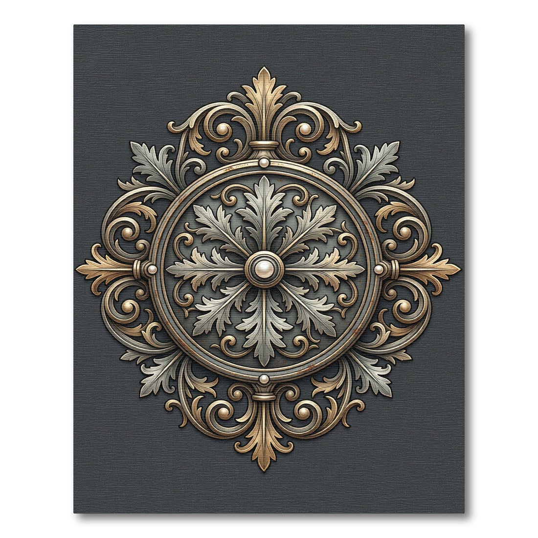 Ornate Gold and Silver Scroll Medallion Rug