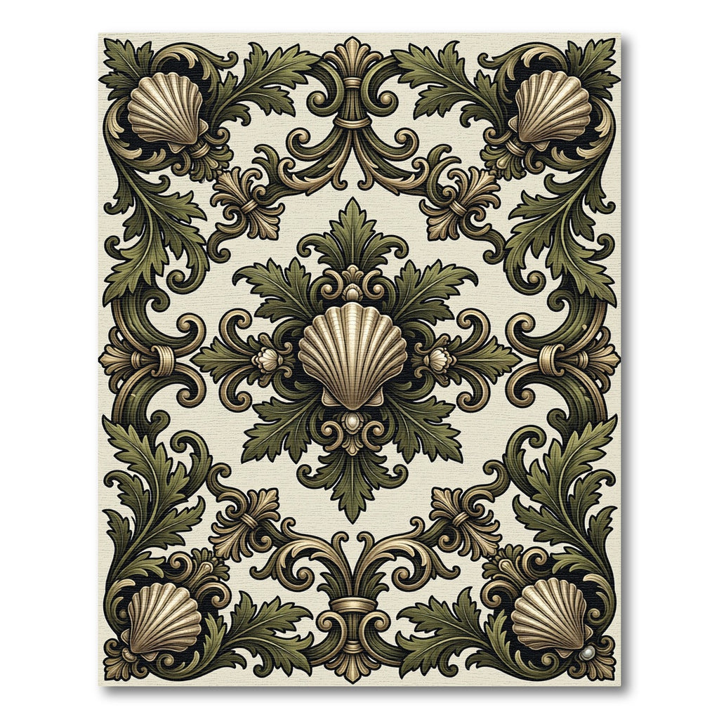 Ornate Golden Scallop Leaf Scroll Rug