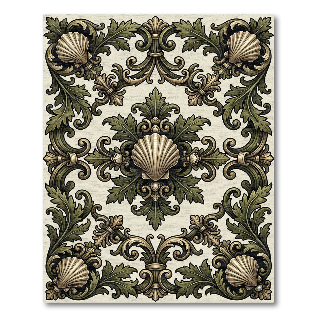 Ornate Golden Scallop Leaf Scroll Rug