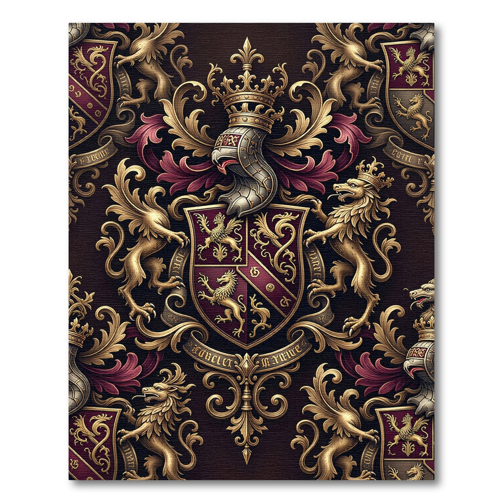 Regal Burgundy Gold Heraldic Crest Tapestry Rug